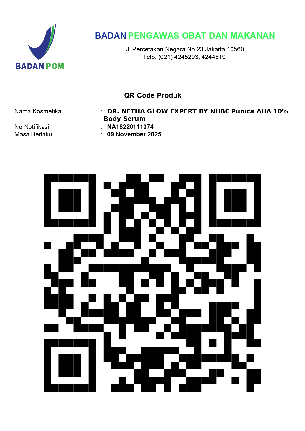 Nomor BPOM Punica AHA 10